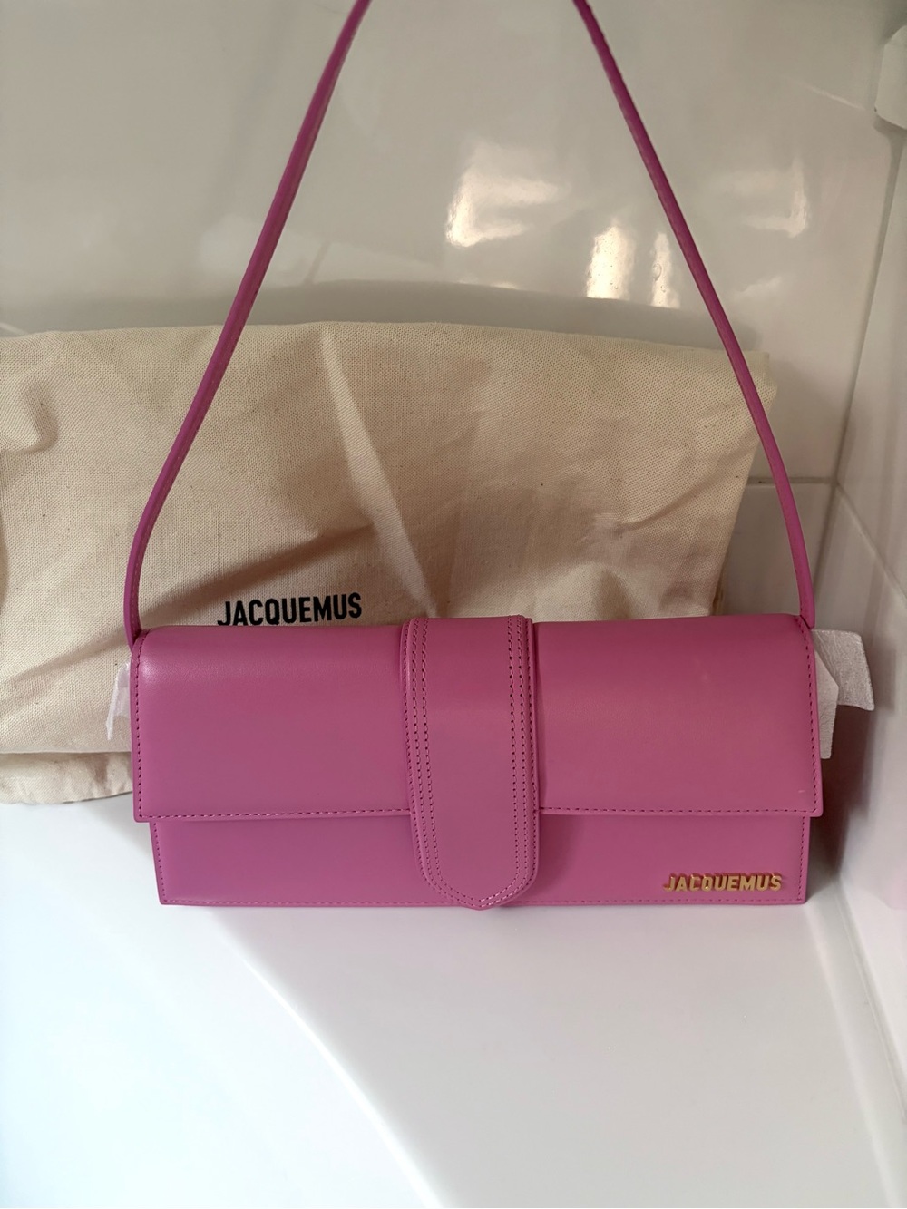 Jacquemus Pink Leather Shoulder Bag with Gold Logo